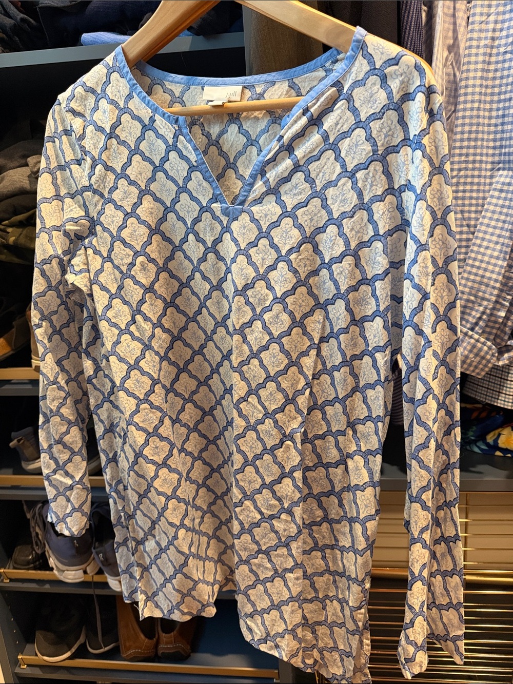 J. Jill Blue and White Geometric V-Neck Tunic